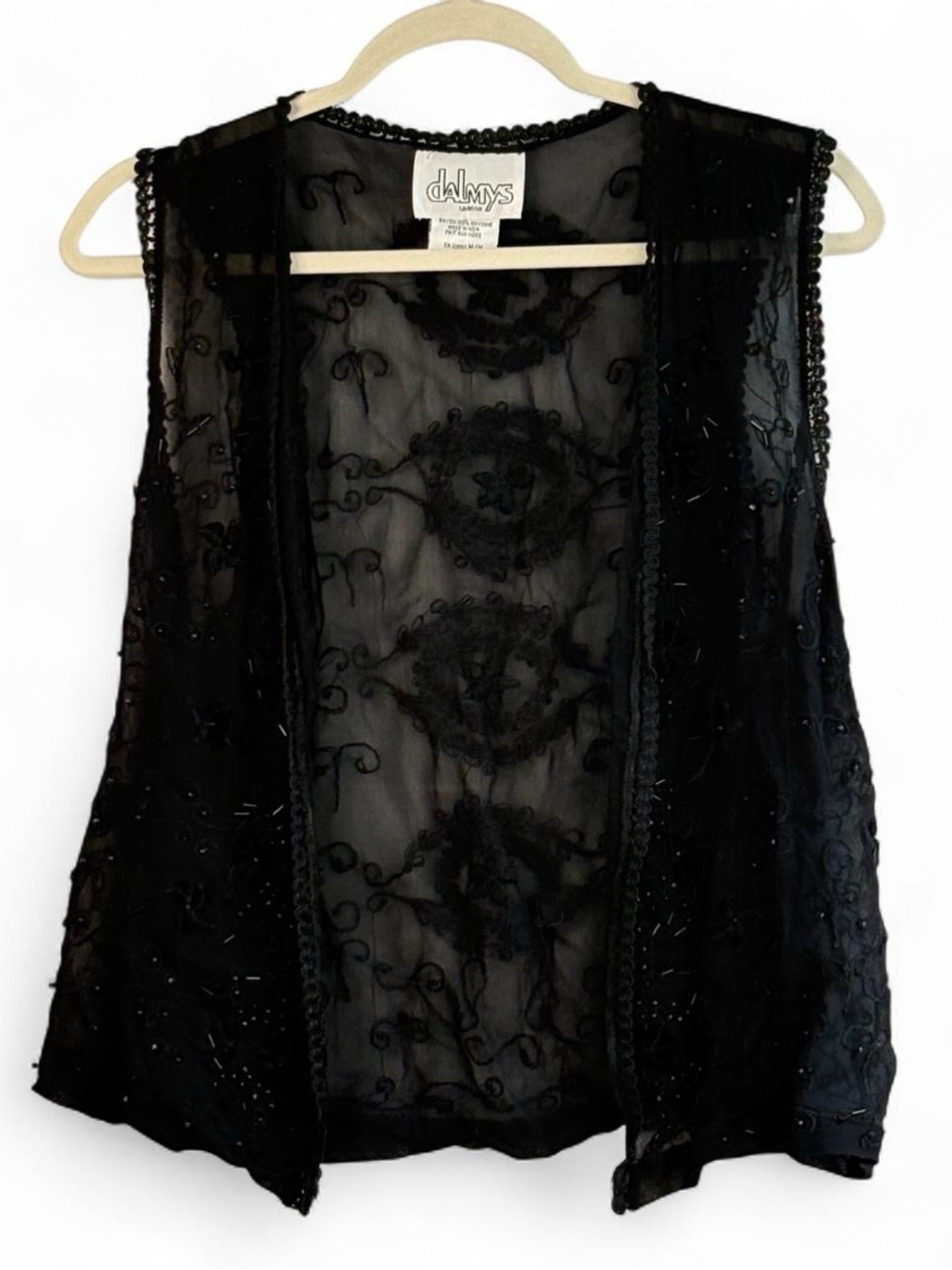 Vintage Dalmys Sheer Black Beaded Open Vest Size M